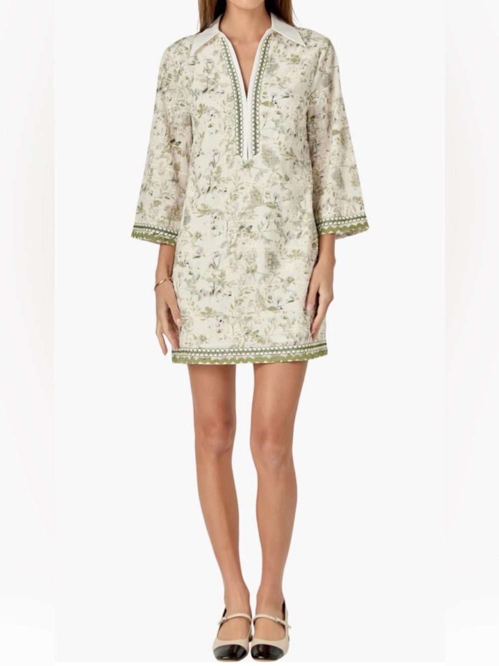 English Factory Cream and Olive Floral Embroidered Tunic Dress